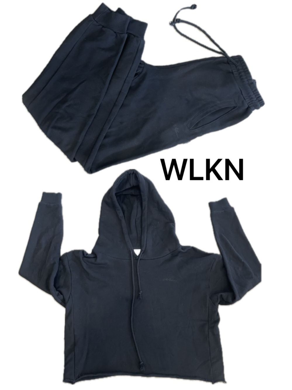 WLKN Black Sweatsuit Set Cropped Oversized Hoodie Joggers NEW NWOT XS/S